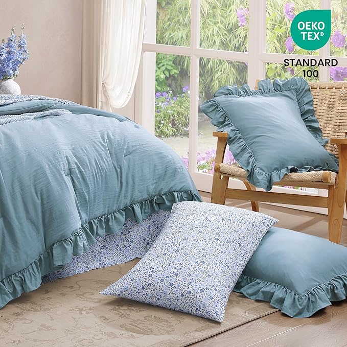 Oversized King Comforter Set - 7 Pieces Ruffle Blue Bedding Sets, Shabby Chic Farmhouse Bed in a Bag with Ruffle Comforter, Floral Sheets, Pillowcases & Shams