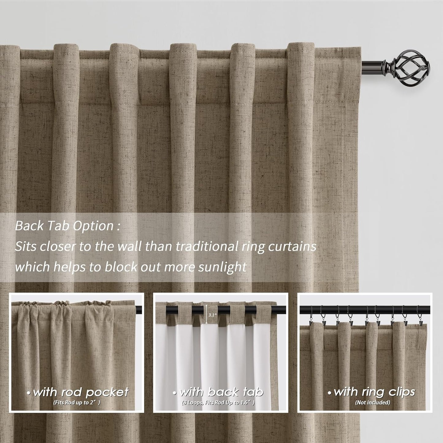 BOODII Full Blackout Curtains 90 Inches Long Room Darkening Curtain for Bedroom Sliding Door Thermal Insulated Black Out Curtains & Drapes Matcha Brown Neutral Linen 2 Panels Set Back Tab 52x90
