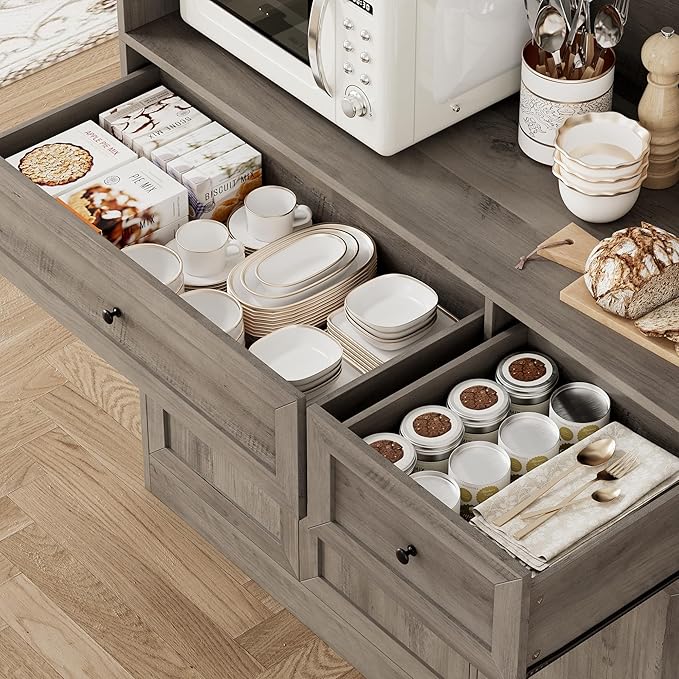 72" Kitchen Pantry Cabinet, Kitchen Hutch with Microwave Stand, Buffet Cabinet with Hutch for Dining Room, Ash Gray
