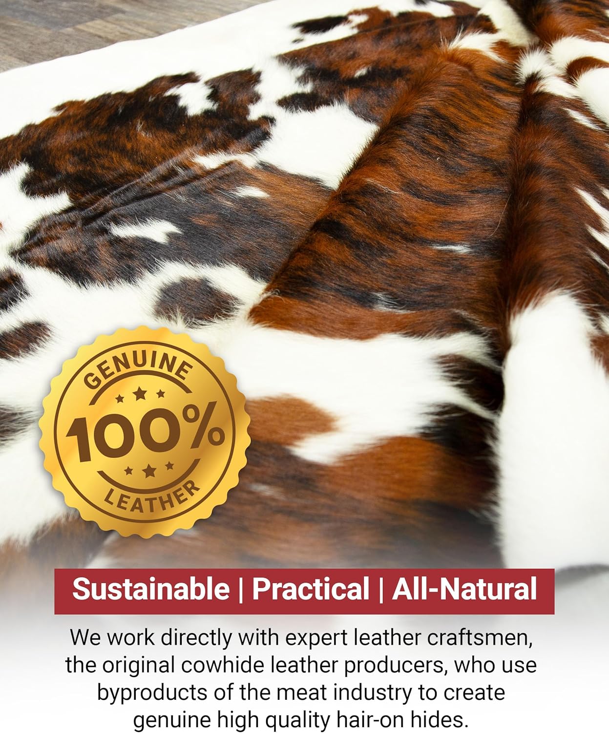 Tricolor Cowhide Rug Classic Brown, Black and White Color Mix, Natural Leather Hide, Area Rug (5x7 ft)