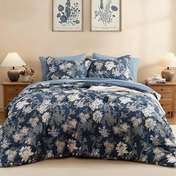 Full Comforter Set -7 Pieces Floral Antique Blue Comforter Set for All Seasons, Bed in a Bag Full with Botanical Flowers Comforter, Sheets, Pillowcases & Shams