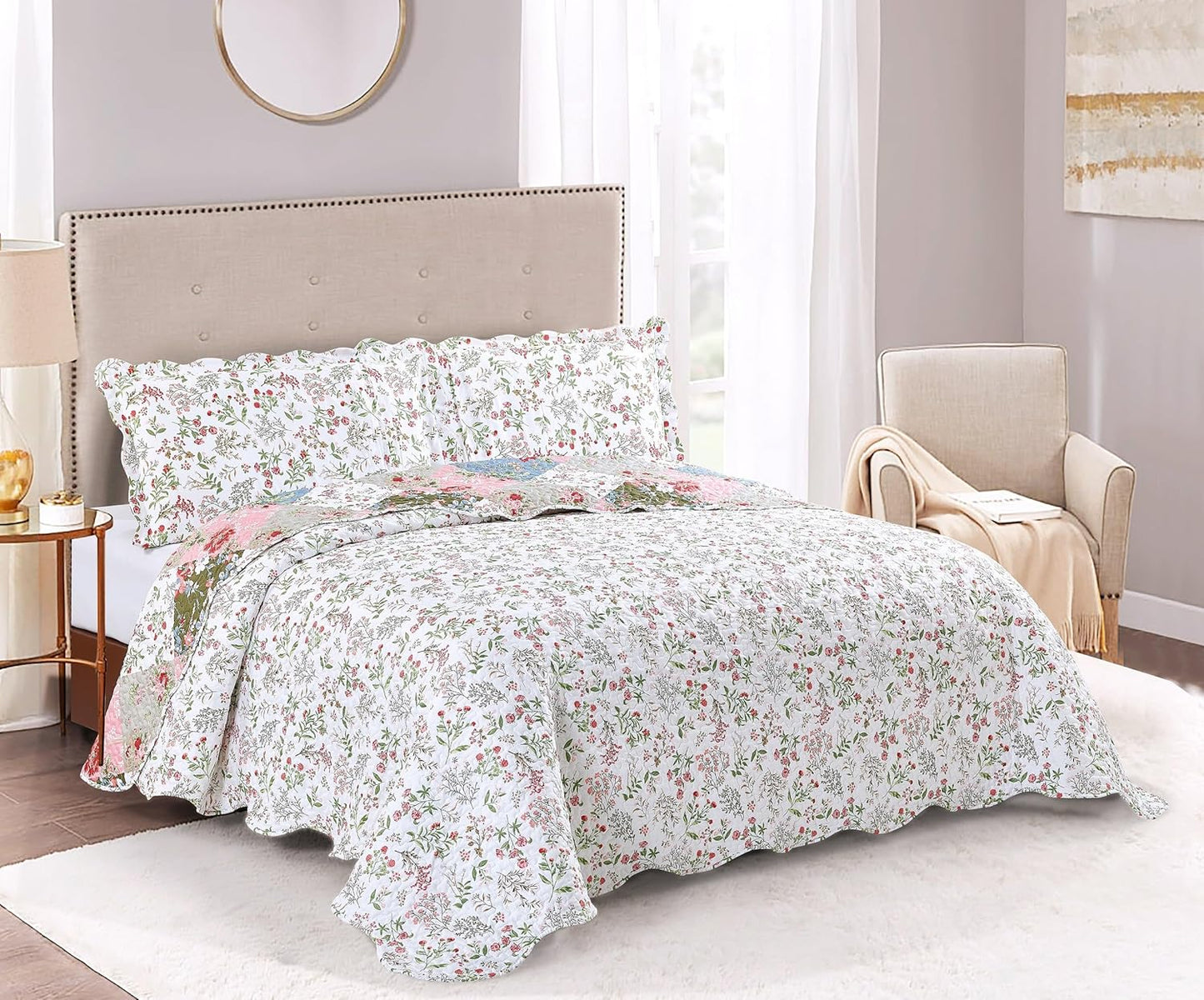 Brilliant Sunshine Peach and Olive Flowers Patchwork, 3-Piece Quilt Set with 2 Shams, Reversible Bedspread, Soft Lightweight Coverlet, All-Season, King, Peach Olive