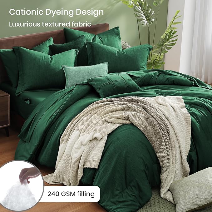 Monbix Full Size Comforter Set, Emerald Green Bedding Comforter for Full Size Bed Set Reversible, Bedding Sets Full 7 Pieces, Cationic Dyeing Bed in a Bag with Comforter, Sheets, Pillowcases & Shams