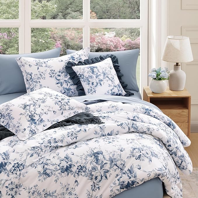Twin XL Comforter Set -5 Pieces Floral Rain Washed Bedding Set for All Seasons, Bed in a Bag with Botanical Flowers Comforter, Sheets, Pillowcase & Sham