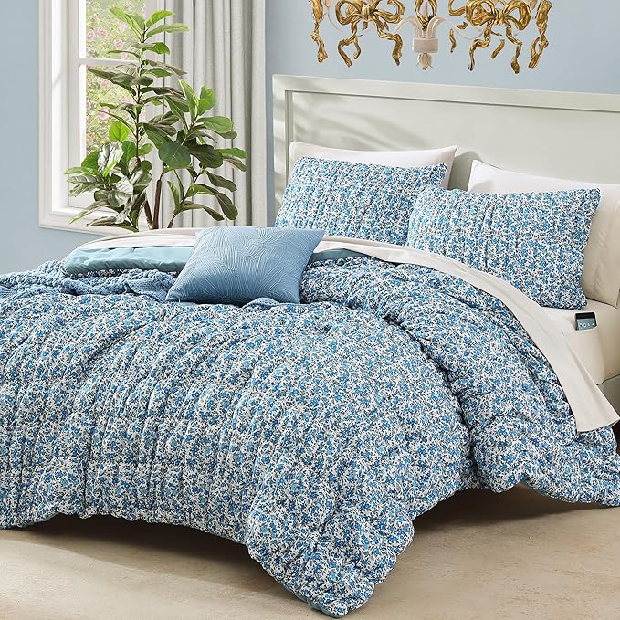 Full Size Comforter Sets - 7 Pieces Puff Blue Floral Bedding Set for All Seasons, Shabby Chic Farmhouse Bed in a Bag Full with Floral Comforter, Sheets, Pillowcases & Shams
