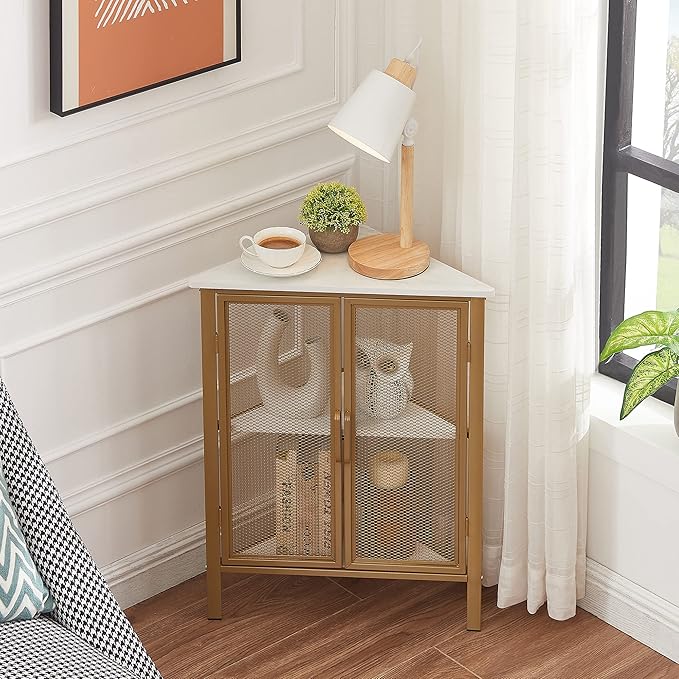 VECELO Corner Cabinet/Table, 3-Tier Display Shelves with Protection Door, Metal Frame Storage Shelf Organizer for Small Space, Living Room, Kitchen, Bathroom