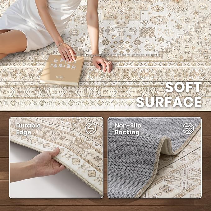 zesthome 5x8 Area Rugs - Ultra-Thin Washble Rug, Stain Resistant Anti Slip Backing Rugs for Living Room,Bedroom, Vintage Home Decor Area Rug(Cream/Beige,5'x8')