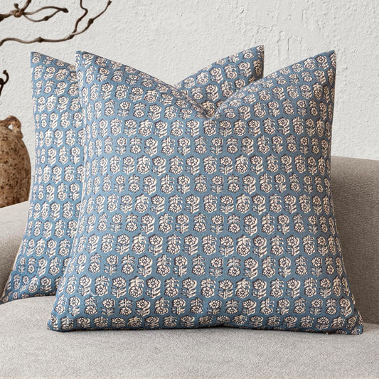 Foindtower Set of 2 Decorative Neutral Floral Print Throw Pillow Covers Vintage Accent Farmhouse Cushion Covers Boho Home Decor for Sofa Couch Chair Bedroom Living Room Outdoor,24×24 Inch,Dusty Blue