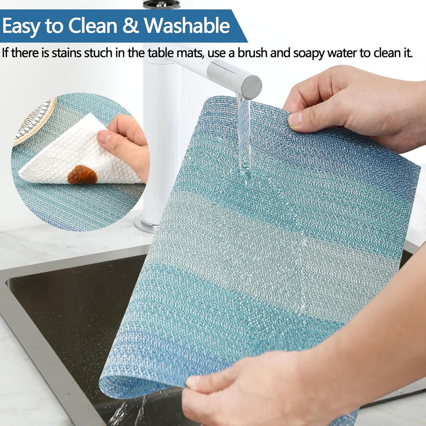 Placemats Set of 8 - Easy Clean Washable Vinyl Placemats - Wipeable Heat Resistant Table Mats for Dining Table - 17.7x11.8 Inch (8, Blue Gradient)