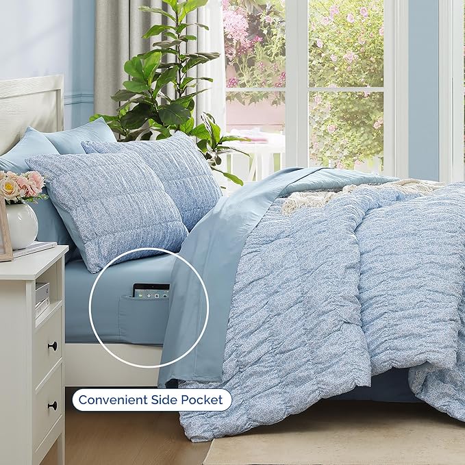 King Comforter Set - 7 Pieces Blue Classic Puff Floral Bedding Sets for All Seasons, Shabby Chic Farmhouse Bed in a Bag King with Wildflowers Fluffy Comforter, Sheets, Pillowcases & Shams