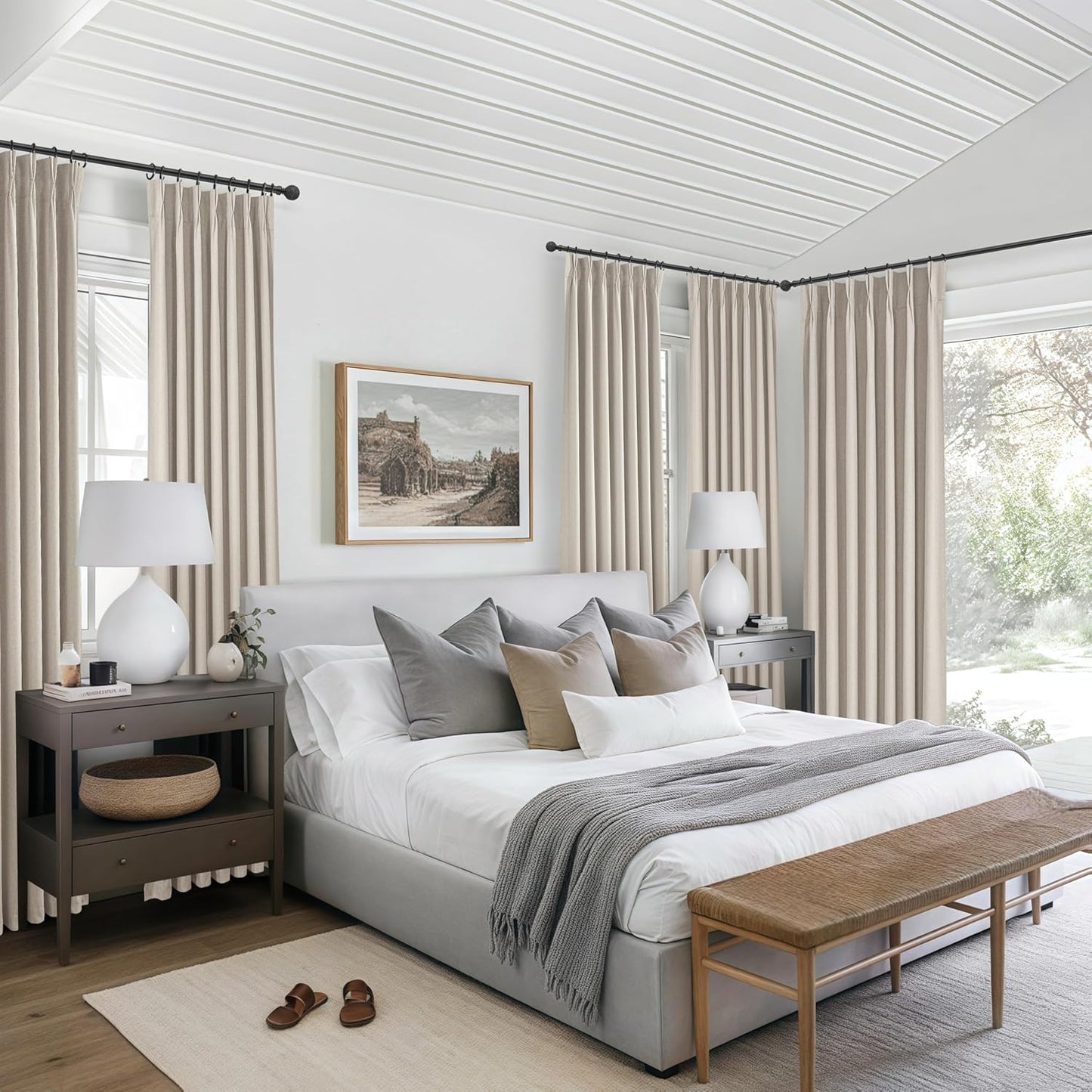 Extra Long Floor to Ceiling Pinch Pleat 108 Inch Curtains for Living Room 2 Panels Set, Luxury Grey Flax Linen Textured Viral Window Drapes with Hooks&Rings Heat Blocking Curtain for Summer Heat