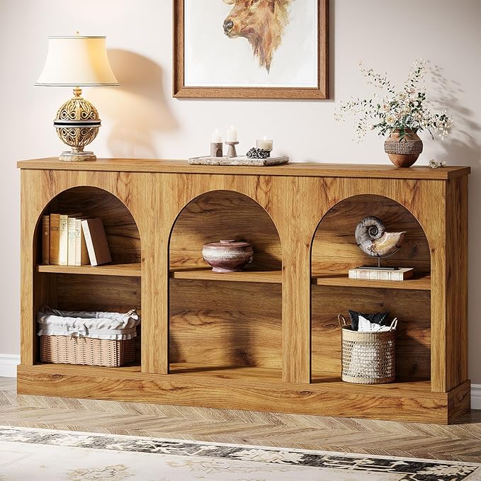 Tribesigns Farmhouse Console Table, 63-Inch Long 3-Tier Entryway Table with Storage, Wooden Rectangular Sofa Table Behind The Couch for Entrance, Hallway, Living Room, Natural Wood