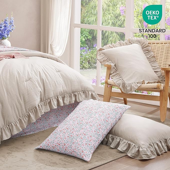 Twin XL Comforter Set - 5 Pieces Ruffle Birch Bedding Sets, Shabby Chic Farmhouse Bed in a Bag Twin XL with Ruffle Comforter, Floral Sheets, Pillowcases & Shams