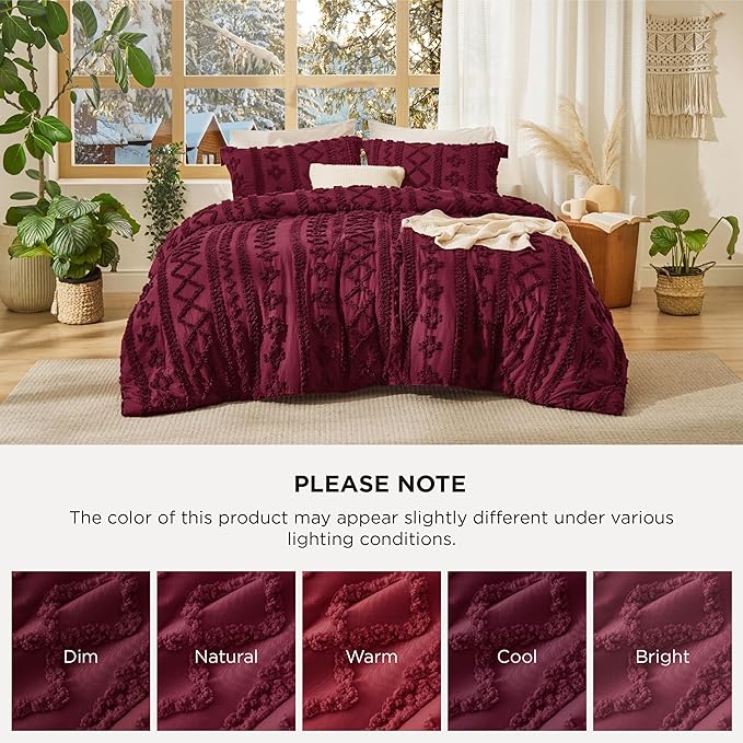 Bedsure Tufted Boho Comforter Set Queen Size - Burgundy Boho Bed Set, GentleSoft™ 3 Pieces Farmhouse Shabby Chic Embroidery Bedding, Gifts for Woman, Soft Jacquard Queen Comforter for All Seasons
