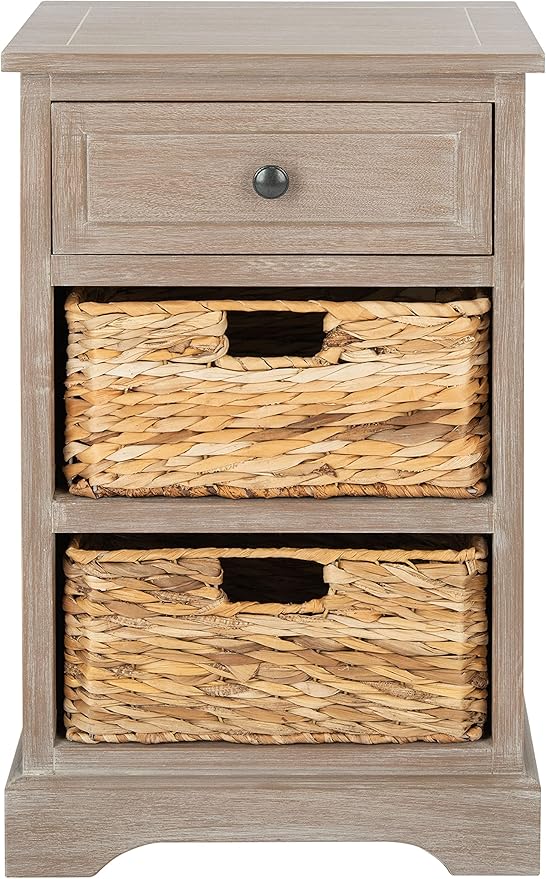 SAFAVIEH Home Collection Carrie White Wash/ Natural Wicker 3-Drawer Storage Nightstand Side Table (Fully Assembled)