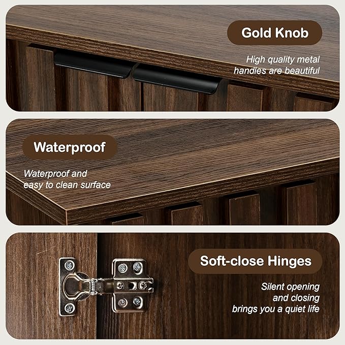 Fluted Cabinet with Storage, Buffet Cabinet Sideboard with Door, Kitchen Buffet Storage Accent Cabinets with Adjustable Shelves for Living Room, Entry, Hallway, Brown, Walnut