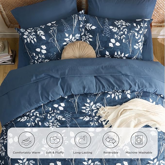 Bedsure King Size Comforter Set - 7 Pieces Floral Navy Soft Bedding Sets, King Bed in a Bag with Botanical Flowers Comforter, Sheets, Pillowcases & Shams
