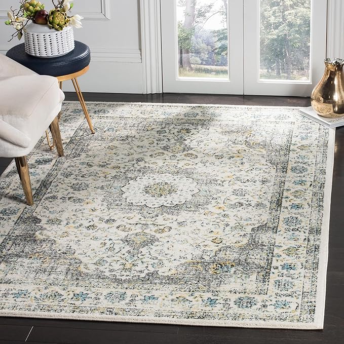 SAFAVIEH Evoke Collection Area Rug - 6'7" x 9', Grey & Gold, Shabby Chic Oriental Medallion Design, Non-Shedding & Easy to Clean, Ideal for Living Room, Bedroom, Dining Space (EVK220B)