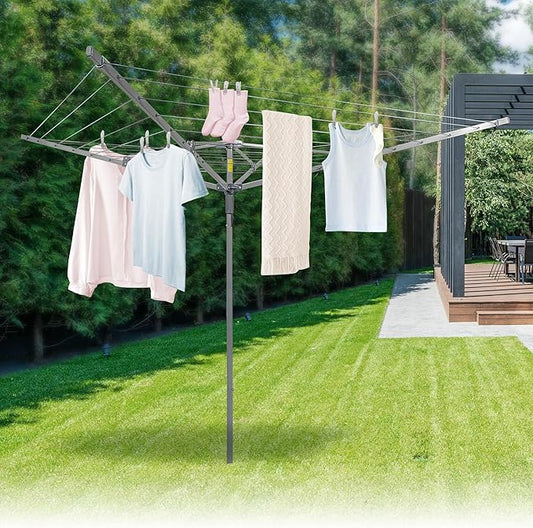 JS HANGER Umbrella Clothesline Outdoor, Height Adjustable Rotary Clothes Drying Rack 131Feet/45m Retractable Clothesline Dryer with 4 Arms