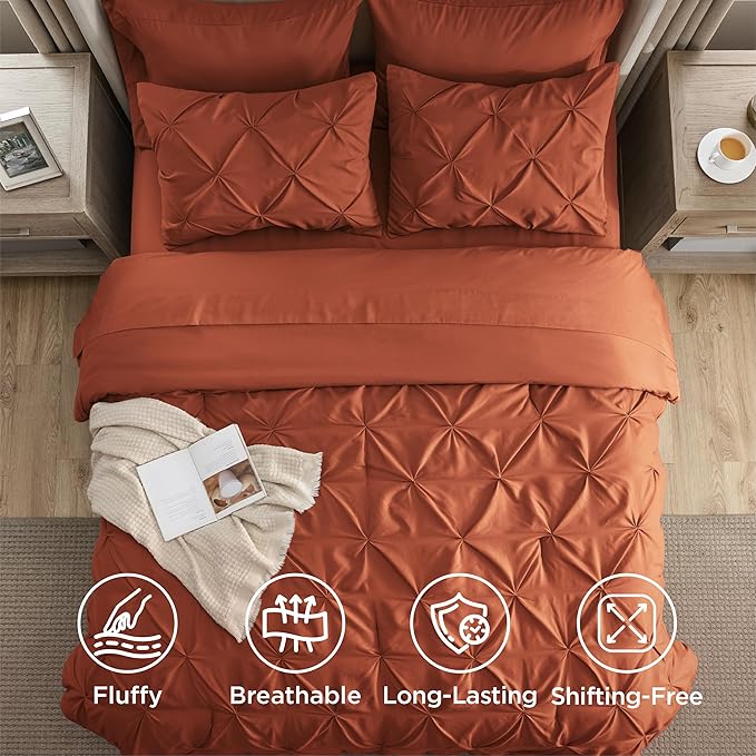 Bedsure California King Comforter Set Burnt Orange - Bed in a Bag Cal King Bedding Set 7 Pieces, GentleSoft™ Pintuck Bed Set Gift for Family, Pinch Pleat Comforter with Sheets, Pillowcases & Shams