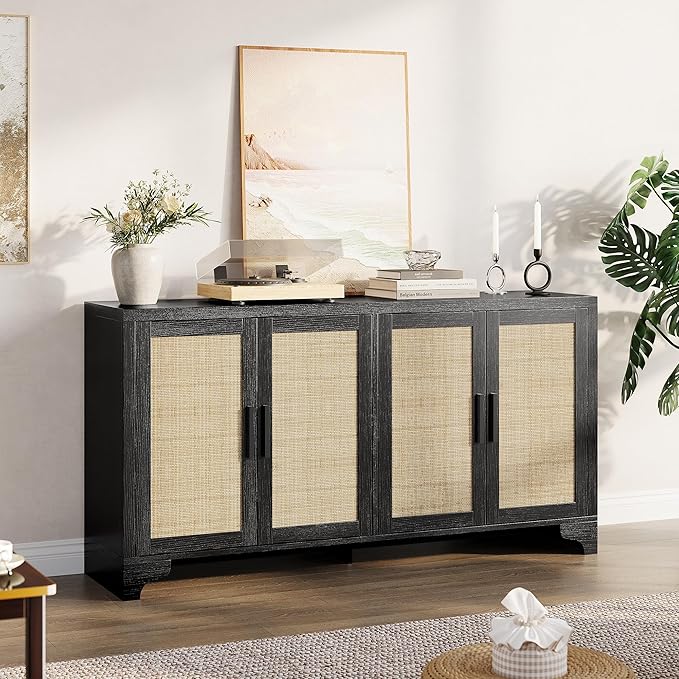 Garvee Natural Rattan Storage Cabinet with Shelves, 4-Door Sideboard Buffet Cabinet, Boho TV Stand Console Table for Living Room, Entryway, Dinning Room
