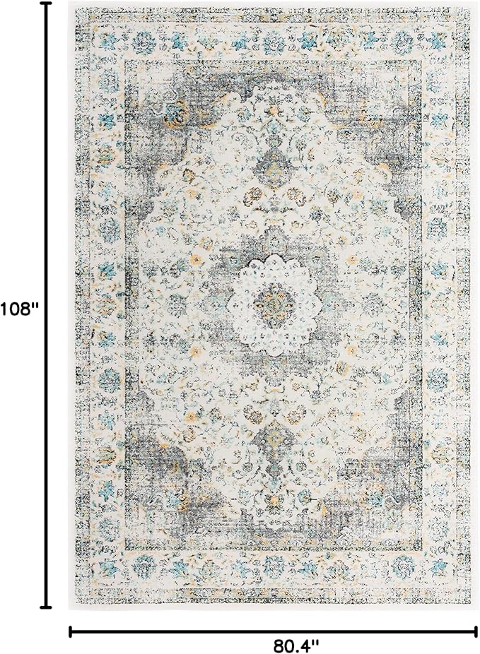 SAFAVIEH Evoke Collection Area Rug - 6'7" x 9', Grey & Gold, Shabby Chic Oriental Medallion Design, Non-Shedding & Easy to Clean, Ideal for Living Room, Bedroom, Dining Space (EVK220B)