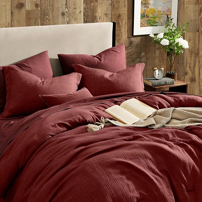 Geniospin Full Comforter Set - 7 Pieces Comforter Full Size, Solid Bedding Set for All Season, Dark Red Textured Bed in a Bag with Sheets