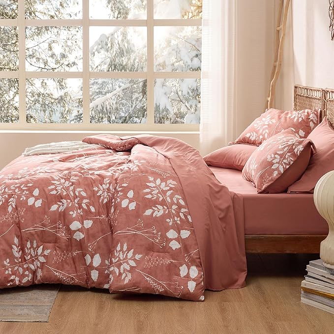 Bedsure Dusty Pink Queen Comforter Set - 7 Pieces Floral Bedding Sets, Queen Bed in a Bag with Reversible Botanical Flowers Comforter, Sheets, Pillowcases & Shams