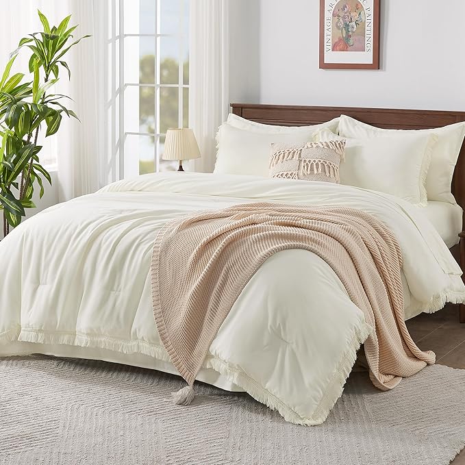 Andency Oversized King Comforter Set with Sheets 120x120 Ivory - 7 Pieces Boho Tassel Bed in a Bag Soft Lightweight Bedding Sets, Fringe Bed Set with Comforter, Sheets, Pillowcases & Shams