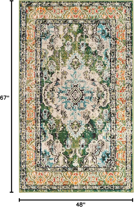 SAFAVIEH Monaco Collection Area Rug - 4' x 5'7", Forest Green & Light Blue, Non-Shedding & Easy to Clean, Distressed Medallion Design, Ideal for Living Room, Bedroom, Dining Space (MNC243F)