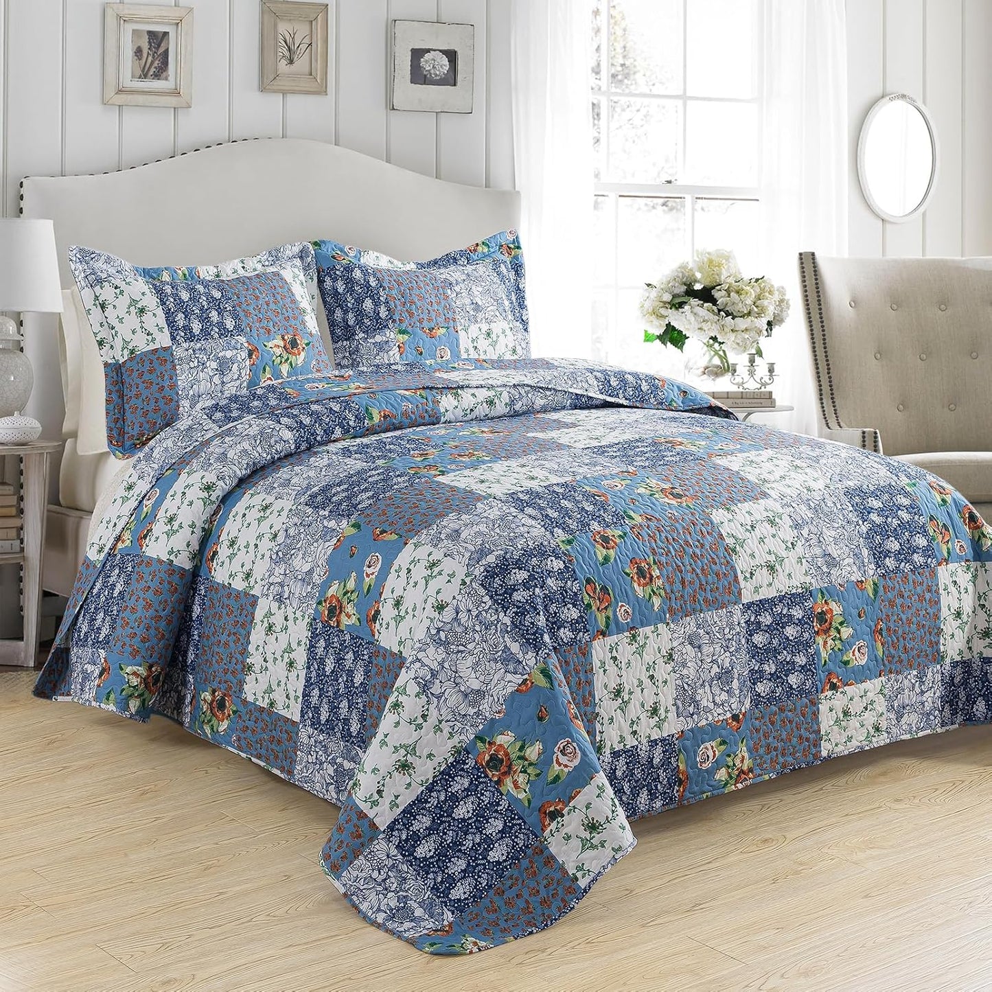 VAPUTAR Queen Size Quilt Set - Reversible Floral Queen Size Bedspreads with Wavy Edges - Lightweight Farmhouse Queen Quilt Bedding Sets for Bed Decorations, 3 Pieces