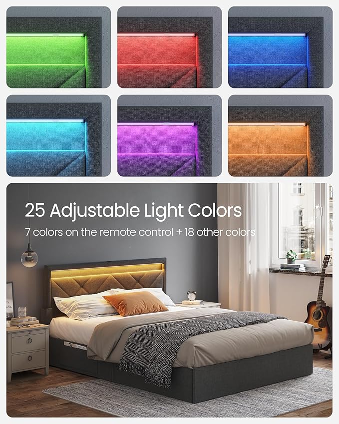 VASAGLE LED Bed Frame Queen Size, Queen Bed with Headboard and 4 Drawers, 1 USB Port and 1 Type C Port, Adjustable Upholstered Headboard 36.7/39.3 Inches, No Box Spring Needed, Dark Gray URMB821G71