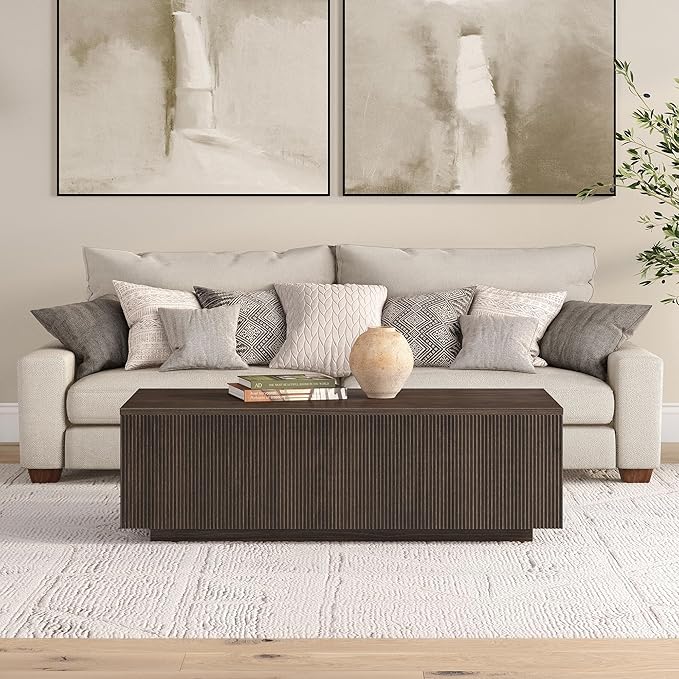 Henn&Hart 48" Fluted Rectangular Low-Profile Coffee Table with Ribbed Base for Living Room, Family Room, or Office, Warm Brown