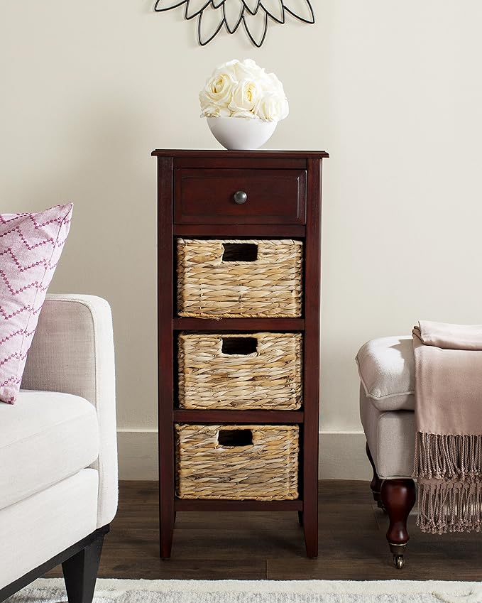 SAFAVIEH Home Collection – Michaela Cherry Storage Unit with Woven Basket Drawers, British Colonial Farmhouse Accent Storage, Fully Assembled (AMH5744C)