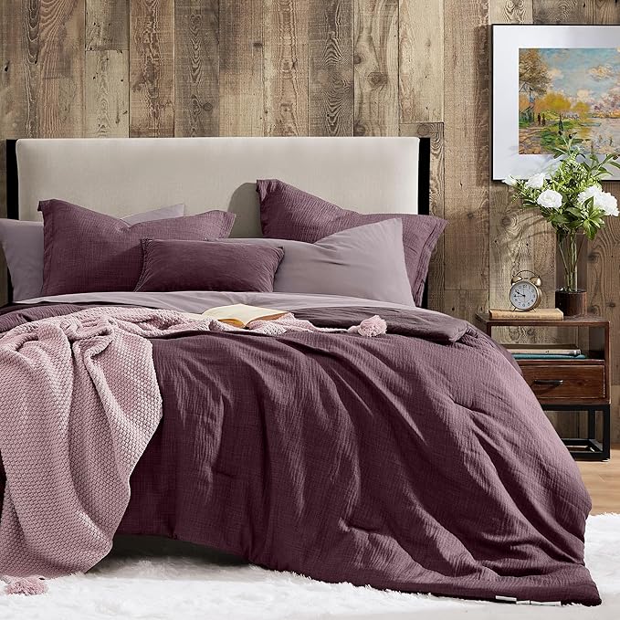Geniospin Purple Full Comforter Set - 7 Pieces Eggplant Comforter Full Size, Solid Bedding Set for All Season, Textured Bed in a Bag with Sheets