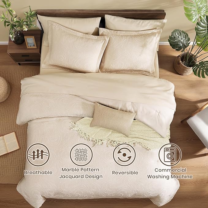 Monbix Queen Comforter Set - 7 Pieces Birch Marble Pattern Bed in a Bag Queen Bedding Sets with Comforter, Sheets, Pillowcases & Shams, Reversible Bedding Comforters Sets