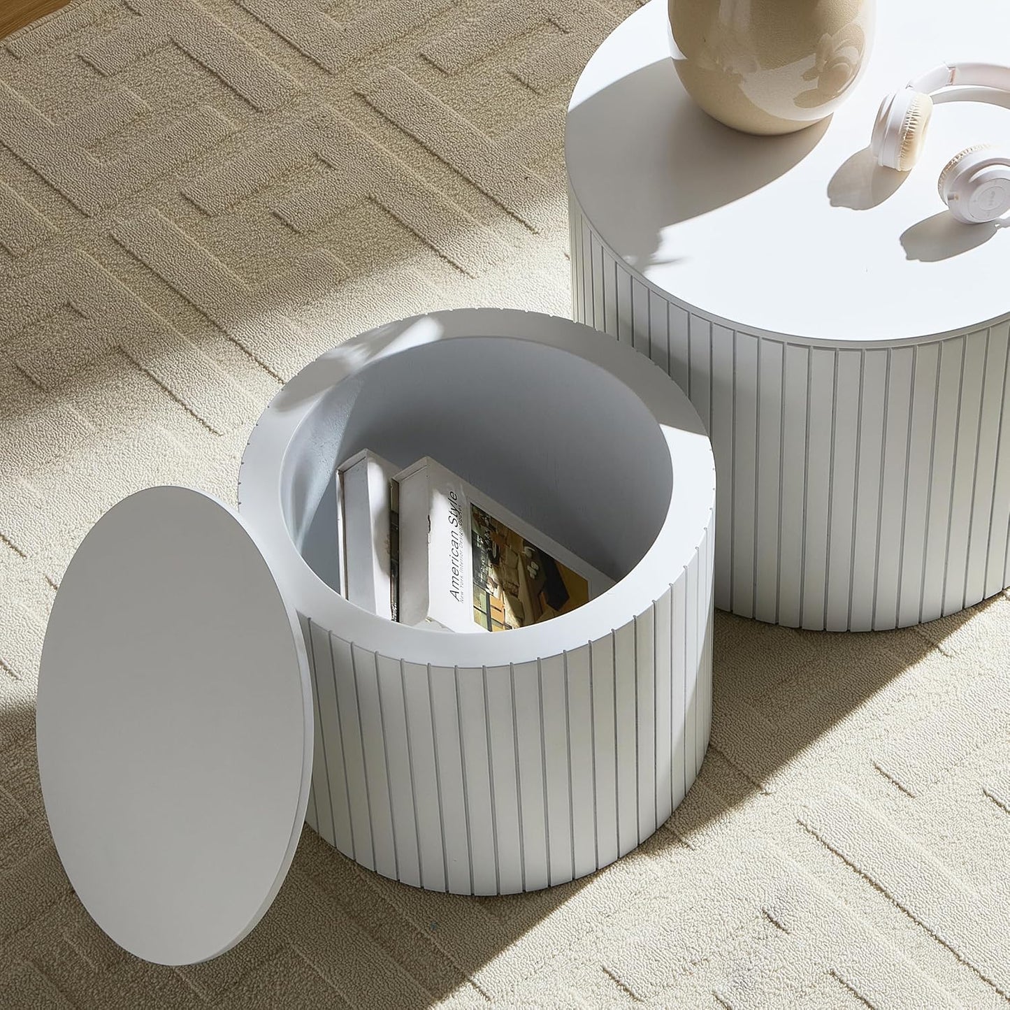 Round Coffee Table with Storage,19.17" Nesting Coffee Table Set of 2,Mid Century Modern End Table for Living Room,Side Table for Apartment,Office,Dorm(White)