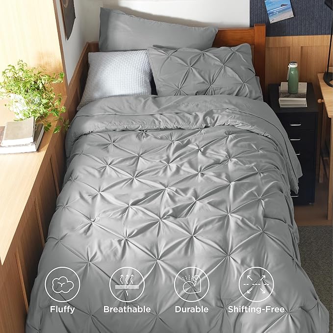Bedsure Twin XL Comforter Set - Extra Long 5 Pieces Dorm Bedding Sets, GentleSoft™ Pinch Pleat Grey Bed in a Bag with Pintuck Comforter, Sheets, Pillowcase & Sham