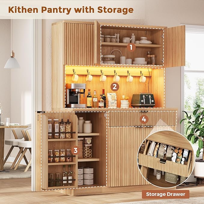 Fluted Kitchen Pantry Storage Cabinet with Charging Station/LED Light/Doors/Shelves, 71'' Tall Kitchen Food Hutch with Microwave Stand for Dining Room Living Room (Natural, 41 * 15.7 * 71)