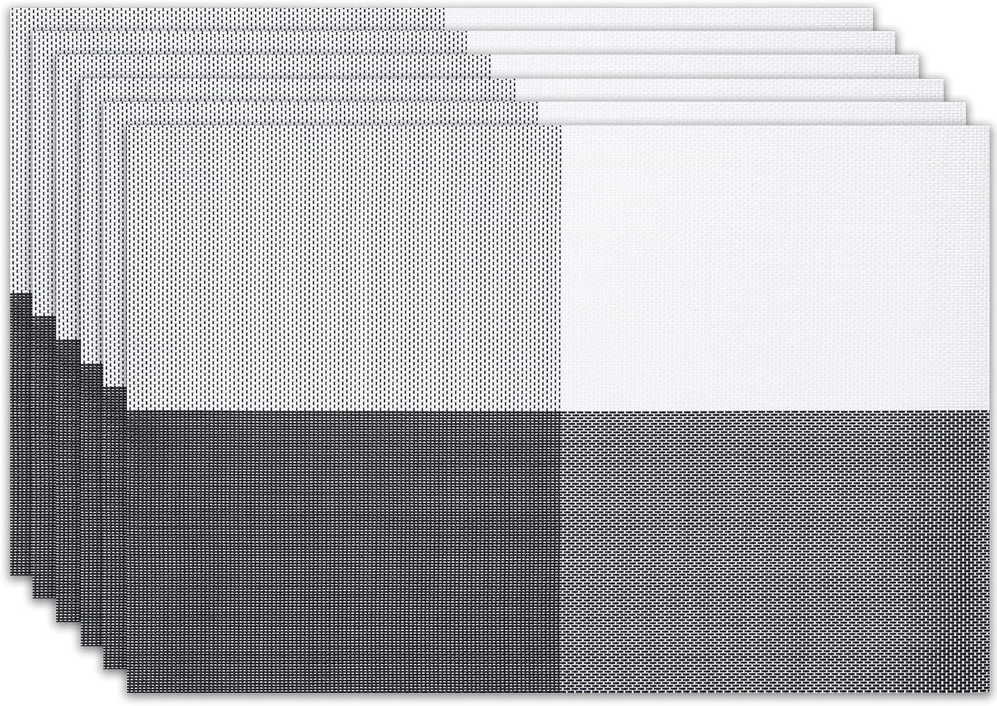 Placemats Set of 6 Washable Indoor/Outdoor Vinyl Place Mats for Dining Table Durable Non-Slip Heat Resistant PVC Weave Table Mats(Black White)