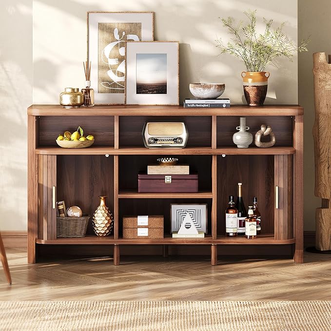 IRONCK 55" Sideboard Buffet Cabinet with Storage, Fluted Credenza with Sliding Door & Open Shelf, Mid Century Modern Accent Coffee Bar Console Table for Kitchen, Living Room, Entryway, Walnut