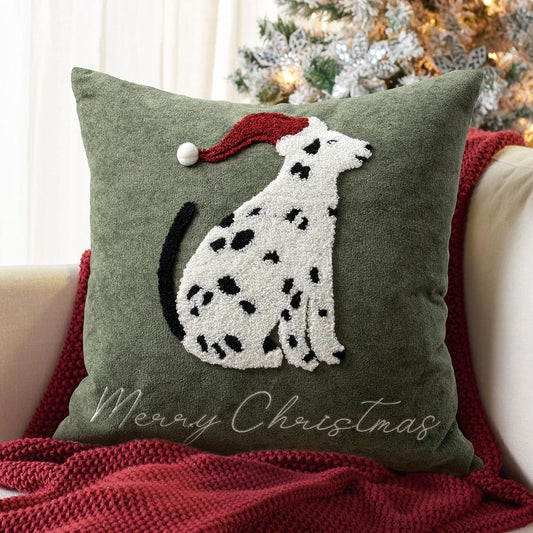 Cute Spotted Dog Christmas Pillow Covers 18x18, Embroidered Throw Pillow Covers Christmas Decorations Holiday Pillows for Home Couch, Green White/Black Velvet Cushion