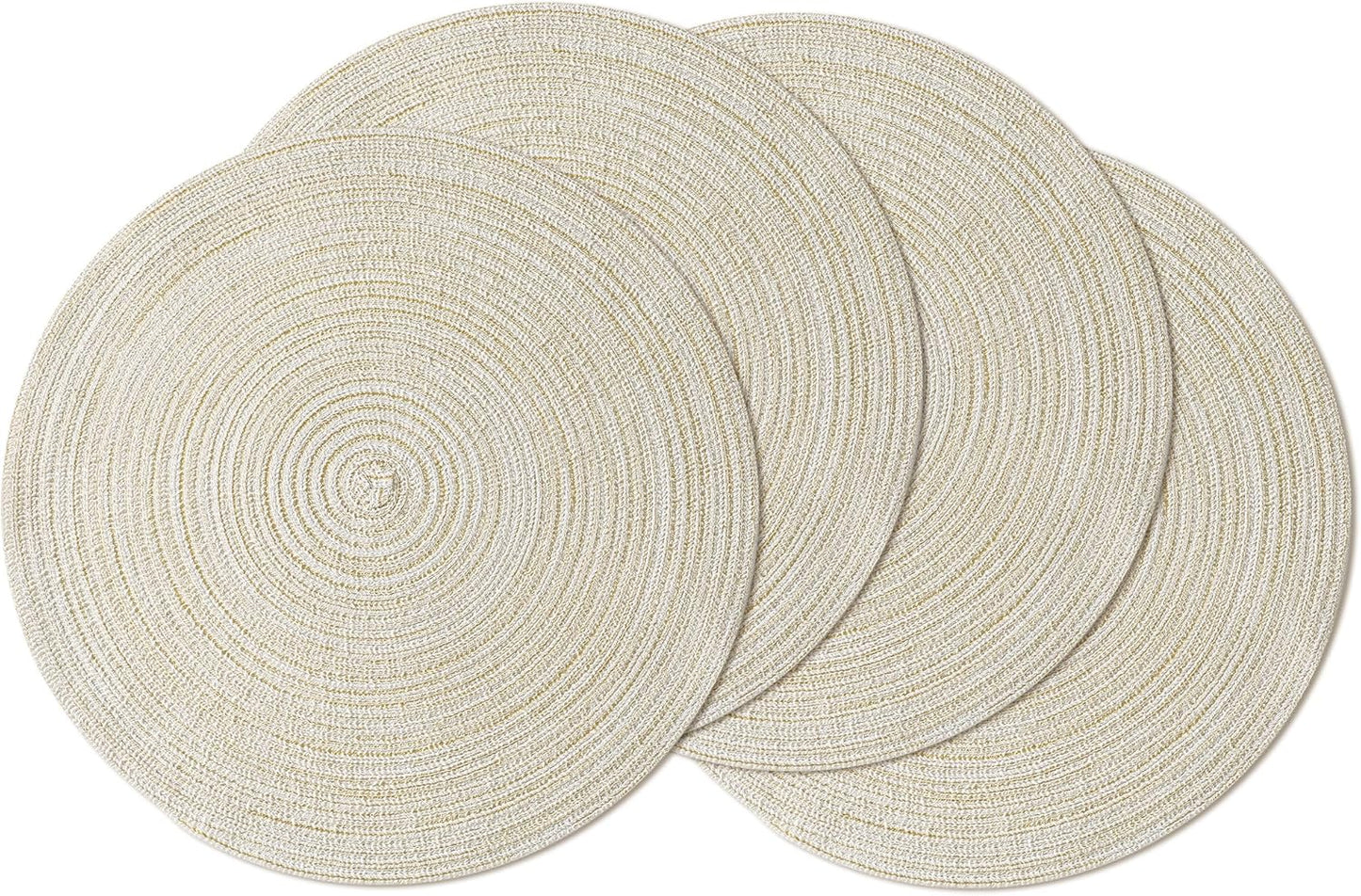 Leetaltree Round Placemats Heat and Slip Resistant Cotton Table Mats, Washable Bohemian Placemats for Dining Tables (White Beige, Set of 4)