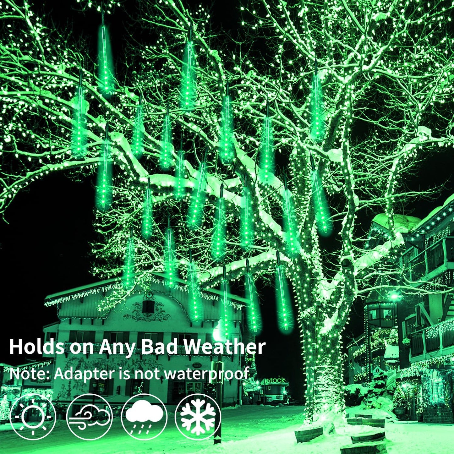 【4 Pack】 Christmas Lights Meteor Shower Rain Lights 12inch, Totally 40 Tube 960 LEDs Icicle Lights Outdoor Raindrop Lights for Xmas Halloween Wedding Party Tree Holiday Decoration, Green