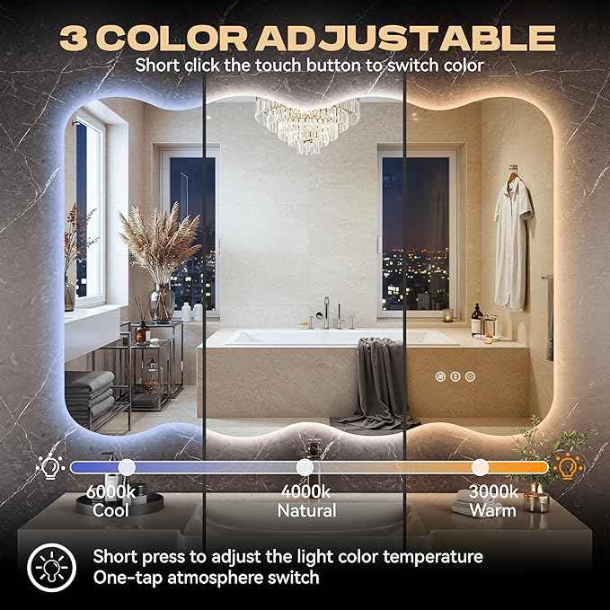 Hasipu Wavy Full Length Mirror with Lights - 55"×30" LED Wavy Floor Mirror, Frameless, Dimmable, Standing or Vertical/Horizontal Wall-Mounted Mirror for Bedroom, Living Room, Cloakroom