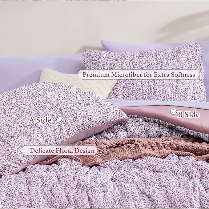 Full Size Comforter Sets - 7 Pieces Puff Light Purple Floral Bedding Set for All Seasons, Shabby Chic Farmhouse Bed in a Bag Full with Floral Comforter, Sheets, Pillowcases & Shams