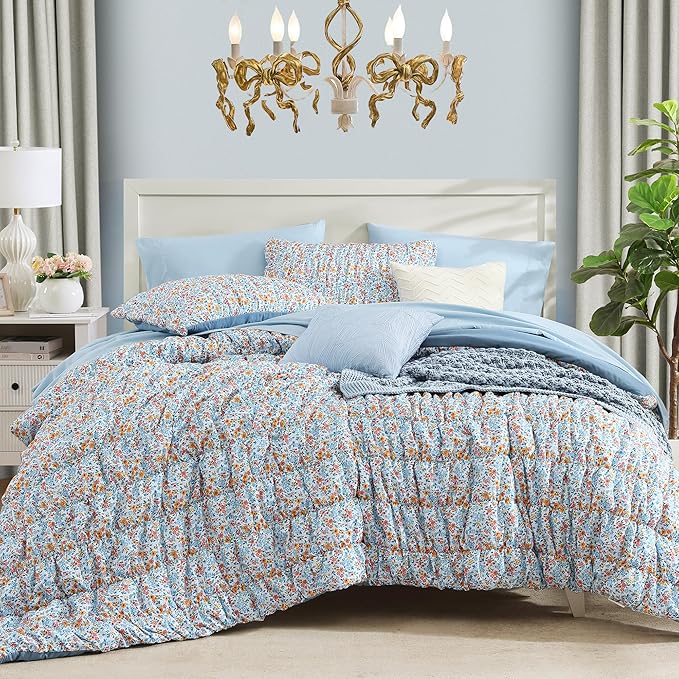 Twin XL Comforter Set - 5 Pieces Puff Blue Marigold Floral Bedding Set for All Seasons, Shabby Chic Farmhouse Bed in a Bag Twin XL with Floral Comforter, Sheets, Pillowcases & Shams