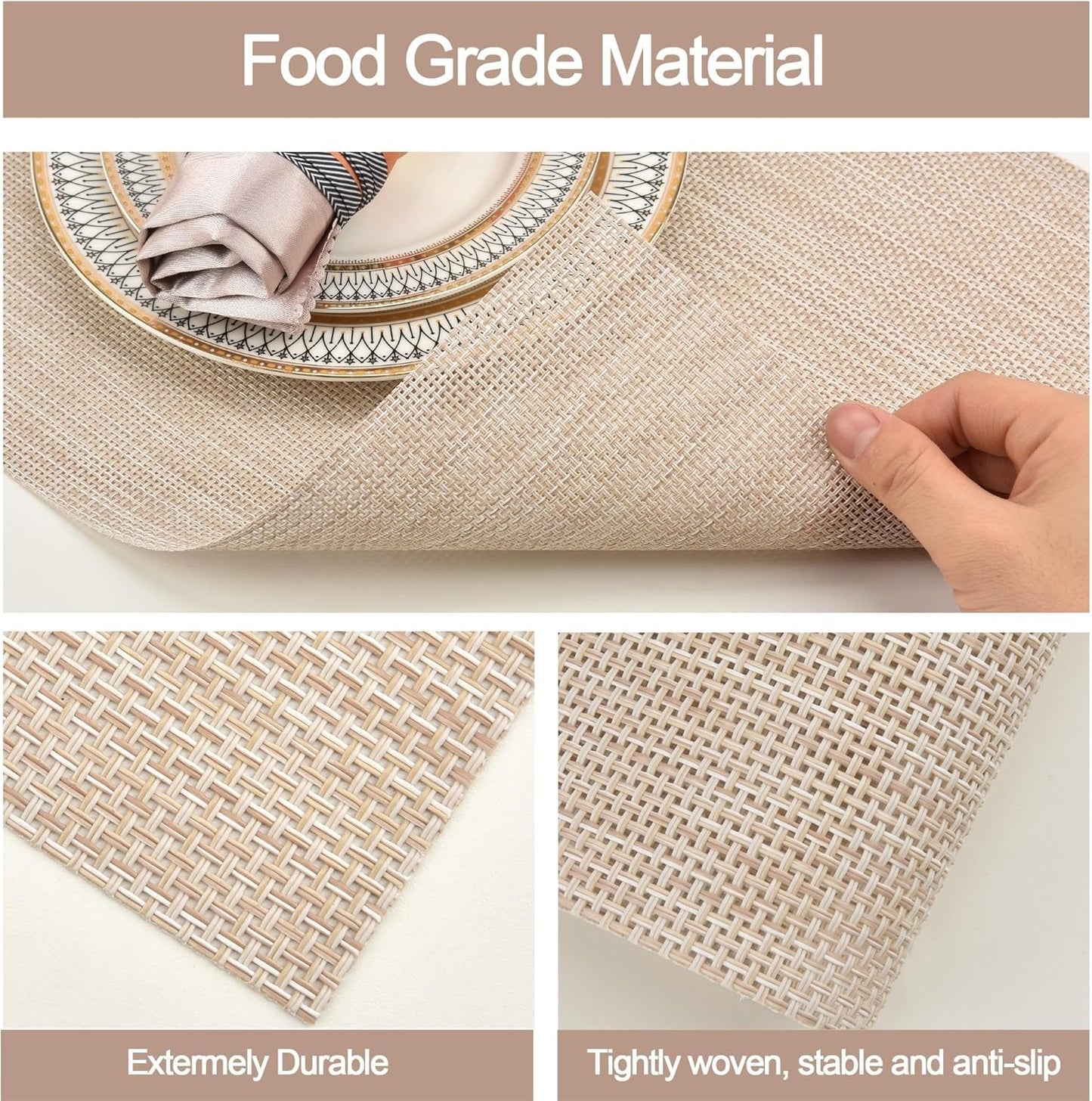Placemats Set of 4 - Easy Clean Washable Vinyl Placemats - Wipeable Heat Resistant Table Mats for Dining Table - 17.7x11.8 Inch (4, Beige)