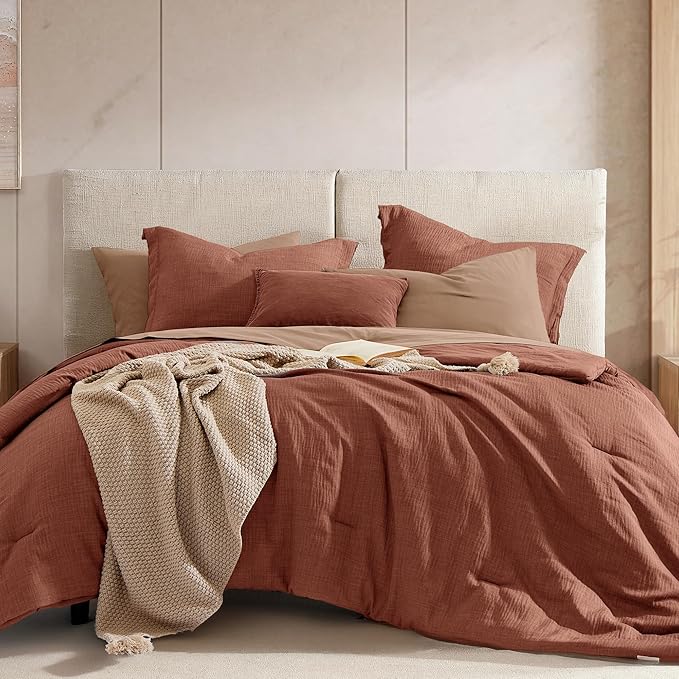 Geniospin Full Size Comforter Set- 7 Pieces Terracotta Textured King Bedding Set, Soft Solid Bed in a Bag for All Seasons, Fall Comforter Set with Sheets