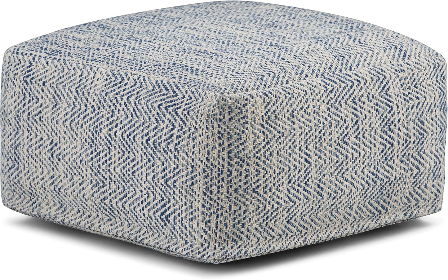 SIMPLIHOME Nate 20-inch Wide Square Pouf in Patterned Denim Mélange, Handwoven Boho-Style Cotton Ottoman, Footrest, or Extra Seating for Living Room, Assembled